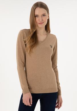 Kadın Camel Melanj V Yaka Basic Kazak - 50251903083