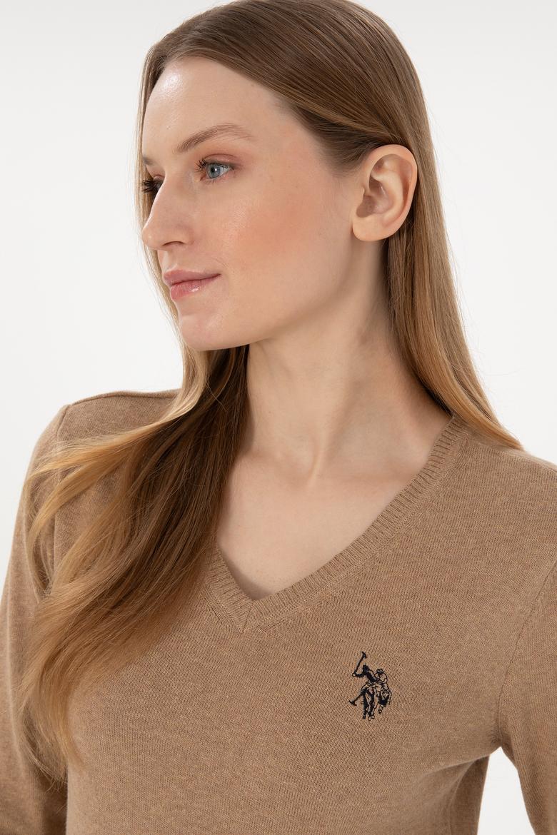 Kadın Camel Melanj V Yaka Basic Kazak - 50251903087