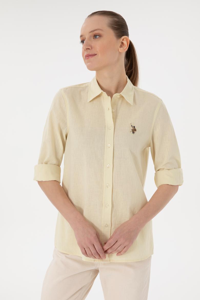 Kadın Limon Keten Karışımlı Uzun Kollu Basic Gömlek