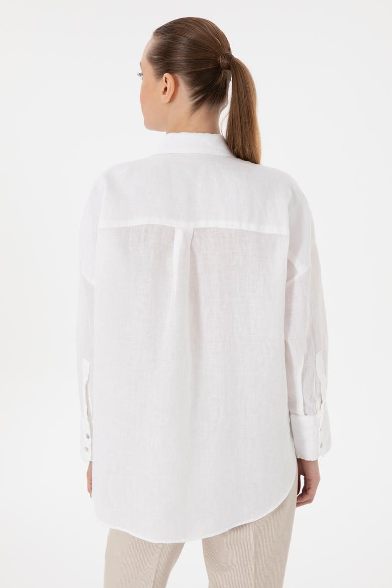 Kadın Beyaz Uzun Kollu Keten Tunik Gömlek - 50299794008