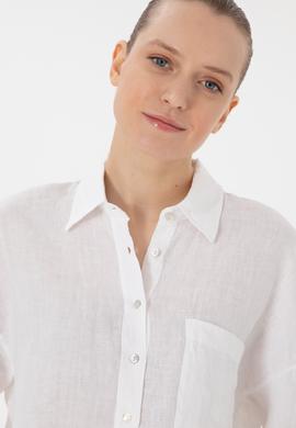 Kadın Beyaz Uzun Kollu Keten Tunik Gömlek - 50299794008