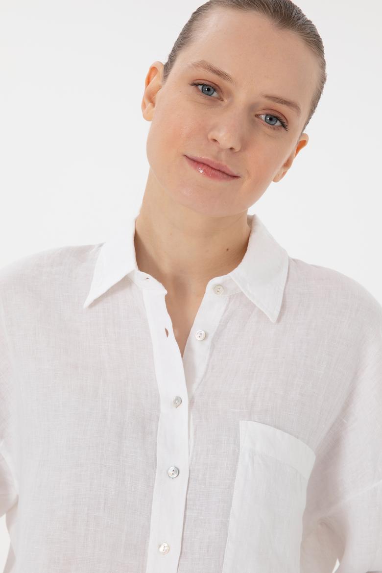 Kadın Beyaz Uzun Kollu Keten Tunik Gömlek - 50299794008