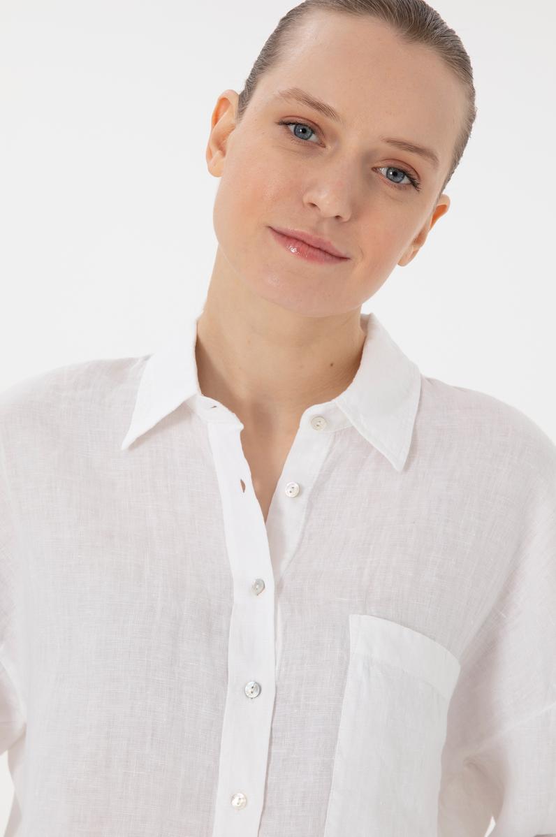 Kadın Beyaz Uzun Kollu Keten Tunik Gömlek