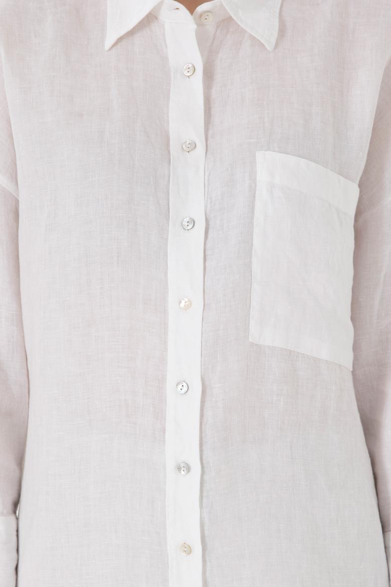 Kadın Beyaz Uzun Kollu Keten Tunik Gömlek - 50299794008