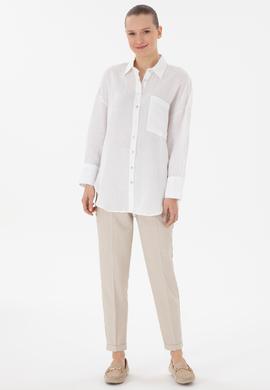 Kadın Beyaz Uzun Kollu Keten Tunik Gömlek - 50299794008