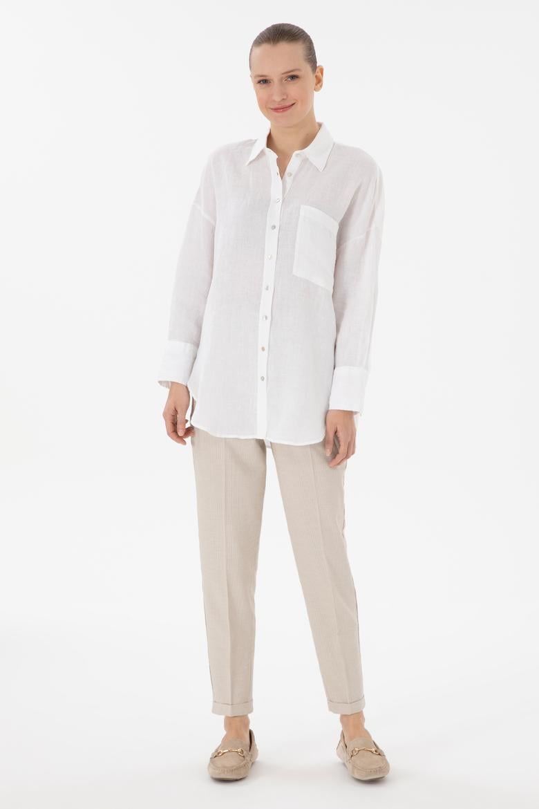 Kadın Beyaz Uzun Kollu Keten Tunik Gömlek - 50299794008