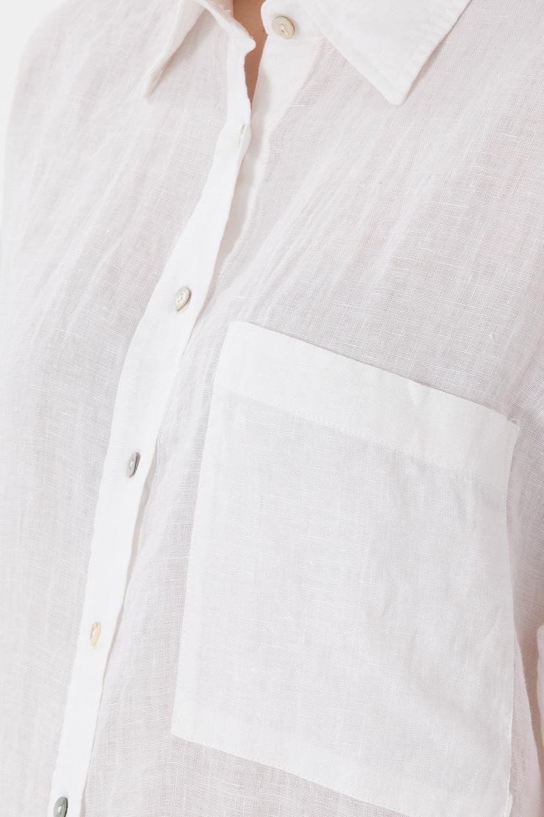 Kadın Beyaz Uzun Kollu Keten Tunik Gömlek - 50299794008