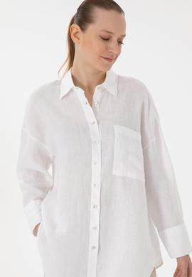 Kadın Beyaz Uzun Kollu Keten Tunik Gömlek - 50299794008