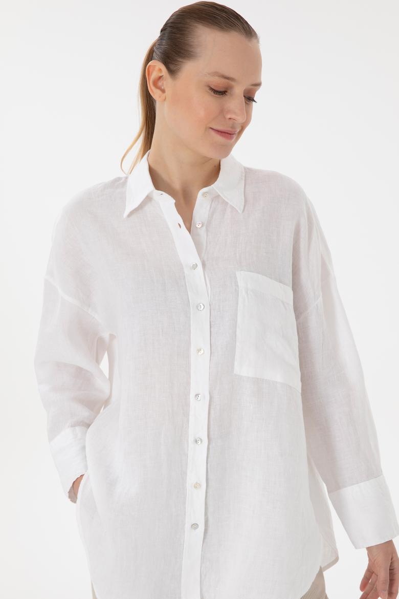 Kadın Beyaz Uzun Kollu Keten Tunik Gömlek - 50299794008