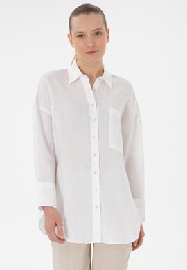 Kadın Beyaz Uzun Kollu Keten Tunik Gömlek - 50299794008