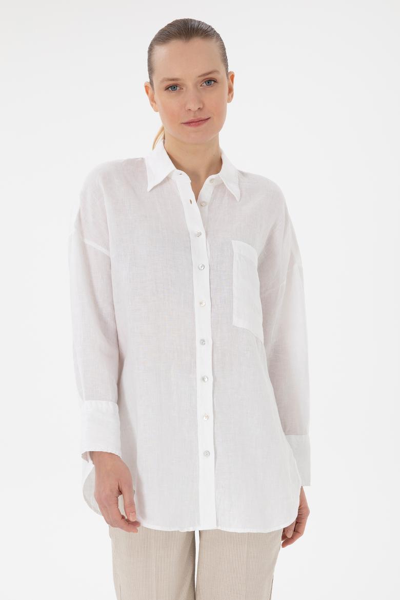Kadın Beyaz Uzun Kollu Keten Tunik Gömlek