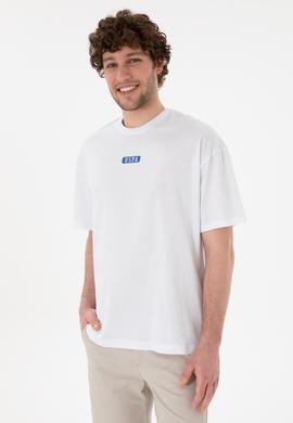 Erkek Oversize Fit Bisiklet Yaka Beyaz Tişört - 50305923017