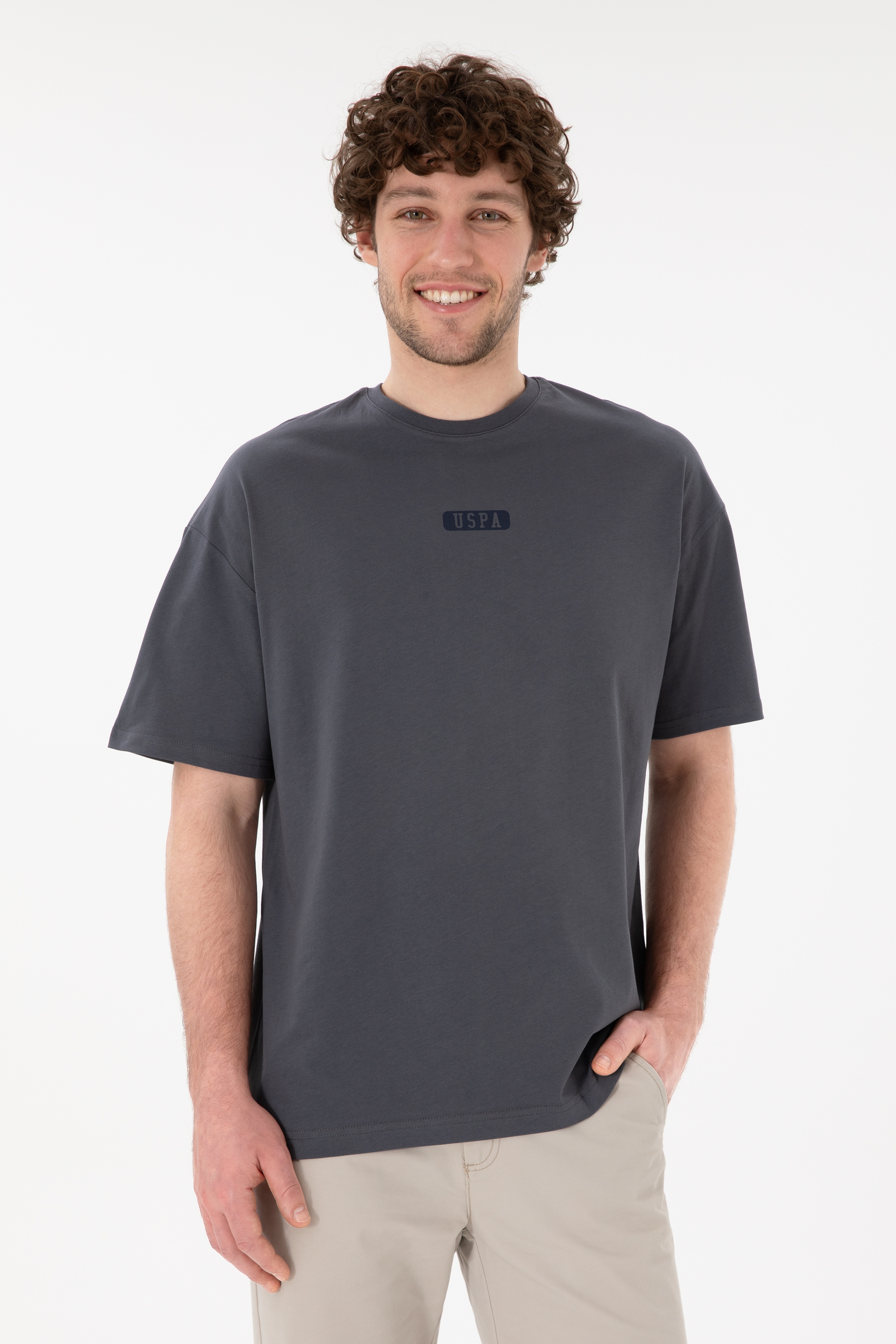Erkek Oversize Fit Bisiklet Yaka Antrasit Tişört - Image 1