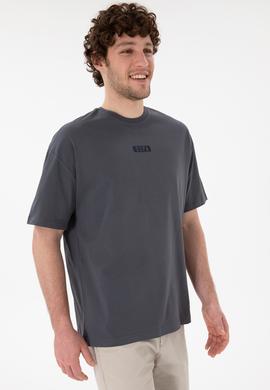 Erkek Oversize Fit Bisiklet Yaka Antrasit Tişört - 50305923087