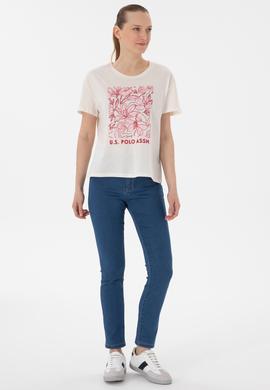 Kadın Krem Desenli Bisiklet Yaka Tişört - 50299765021