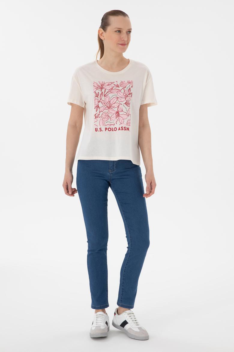 Kadın Krem Desenli Bisiklet Yaka Tişört - 50299765021