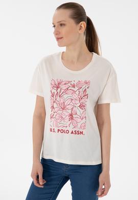 Kadın Krem Desenli Bisiklet Yaka Tişört - 50299765021