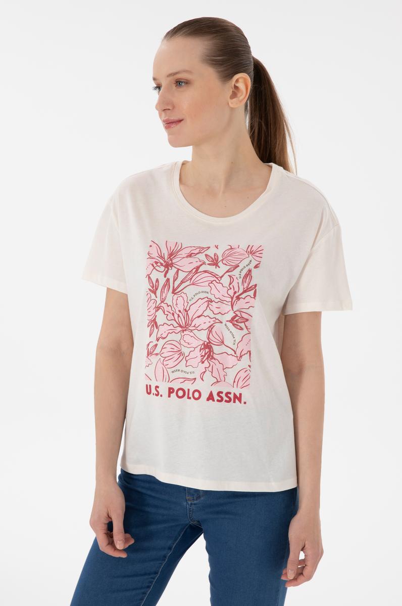 Kadın Krem Desenli Bisiklet Yaka Tişört