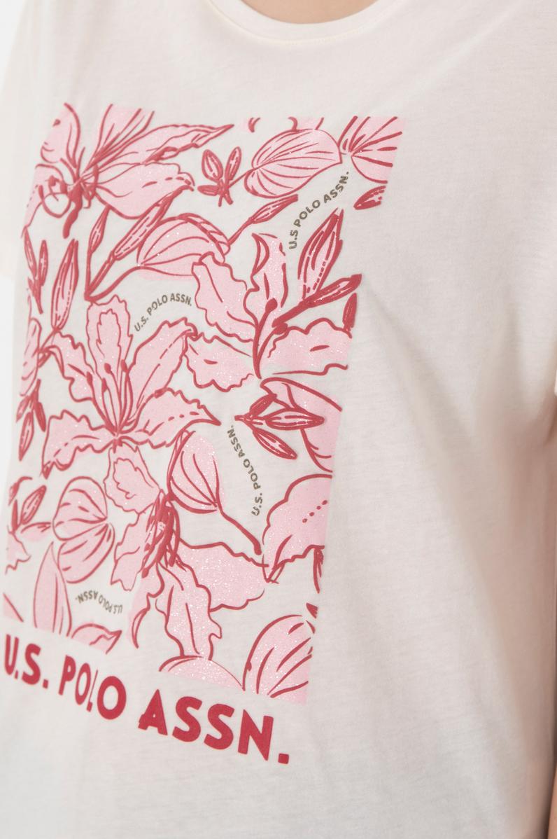 Kadın Krem Desenli Bisiklet Yaka Tişört