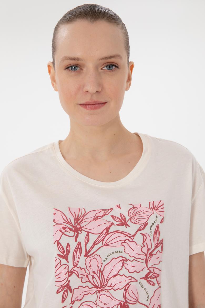 Kadın Krem Desenli Bisiklet Yaka Tişört - 50299765021