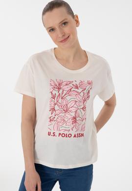 Kadın Krem Desenli Bisiklet Yaka Tişört - 50299765021