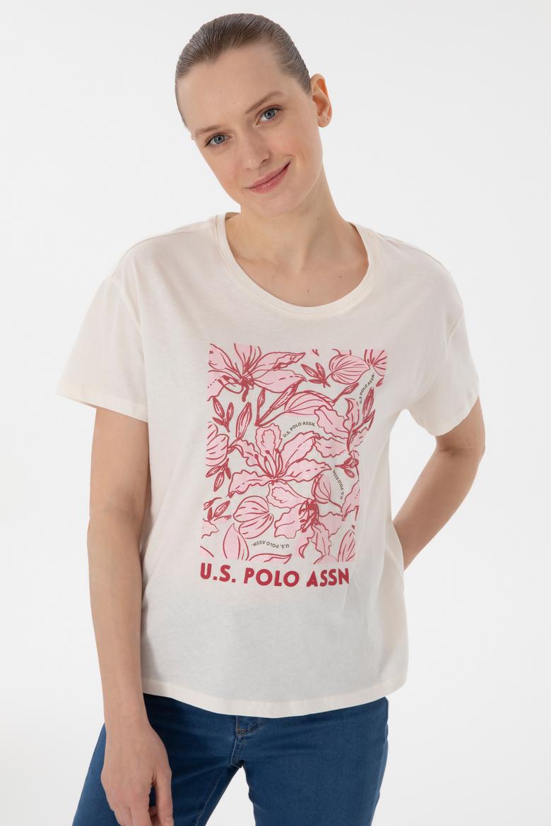 Kadın Krem Desenli Bisiklet Yaka Tişört - 50299765021