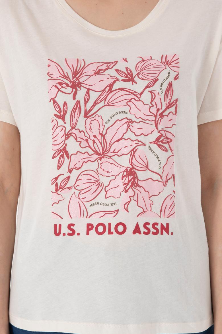 Kadın Krem Desenli Bisiklet Yaka Tişört - 50299765021