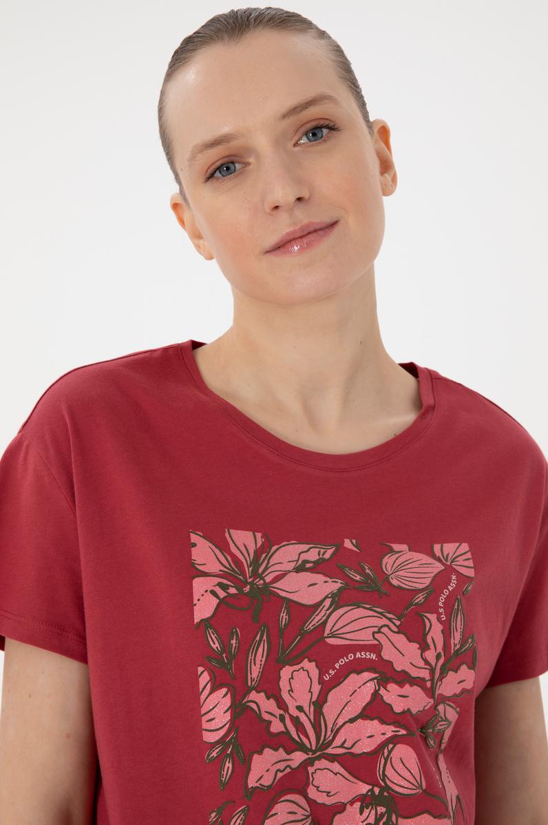 Kadın Vişne Desenli Bisiklet Yaka Tişört