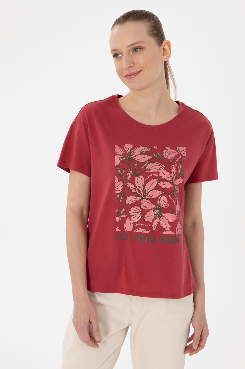 Kadın Vişne Desenli Bisiklet Yaka Tişört