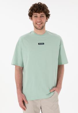 Erkek Oversize Fit Bisiklet Yaka Su Yeşili Tişört - 50305923077