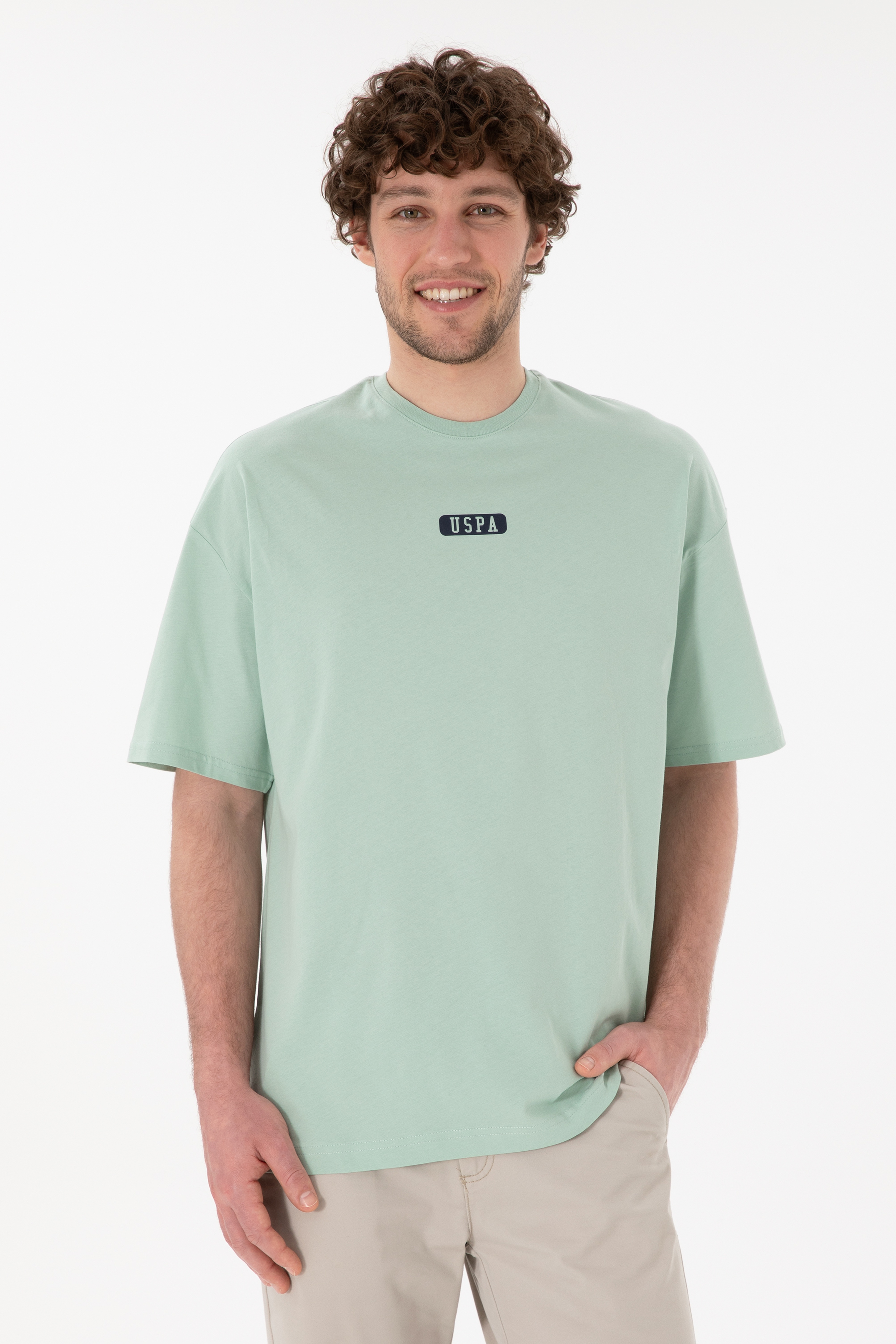 Erkek Oversize Fit Bisiklet Yaka Su Yeşili Tişört - Image 1