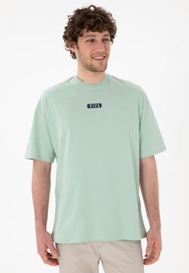 Erkek Oversize Fit Bisiklet Yaka Su Yeşili Tişört - 50305923077