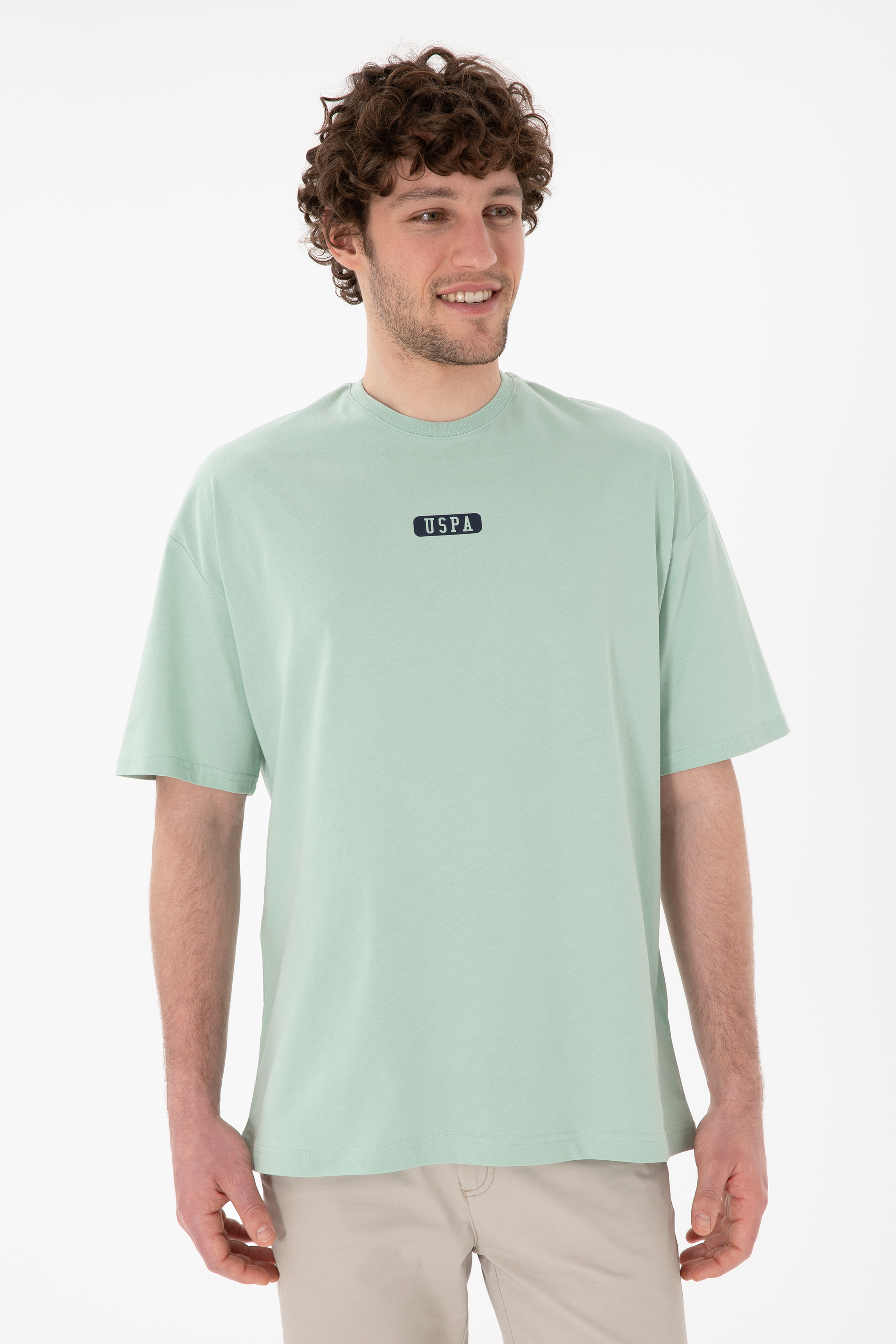 Erkek Oversize Fit Bisiklet Yaka Su Yeşili Tişört - Image 4