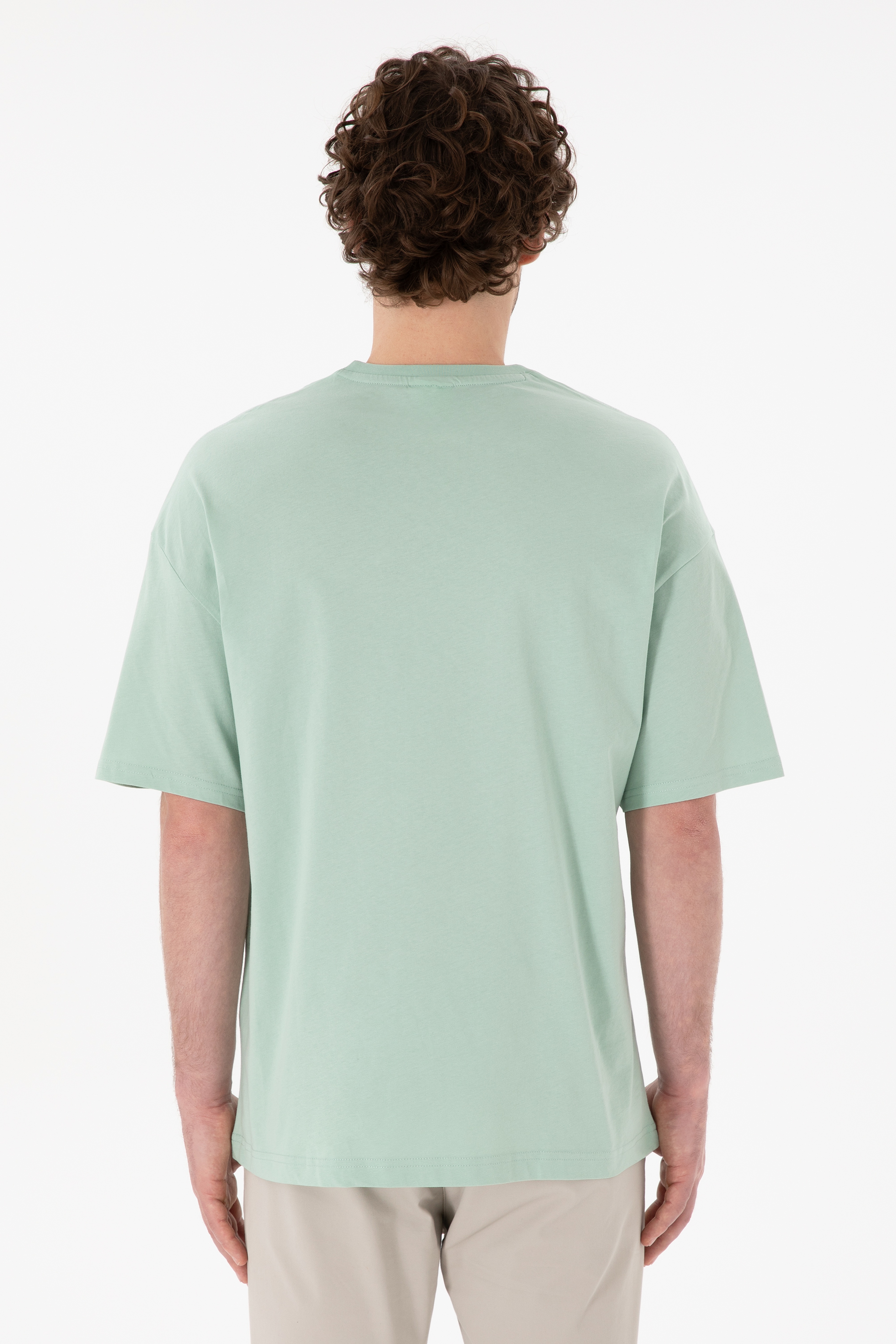 Erkek Oversize Fit Bisiklet Yaka Su Yeşili Tişört - Image 6