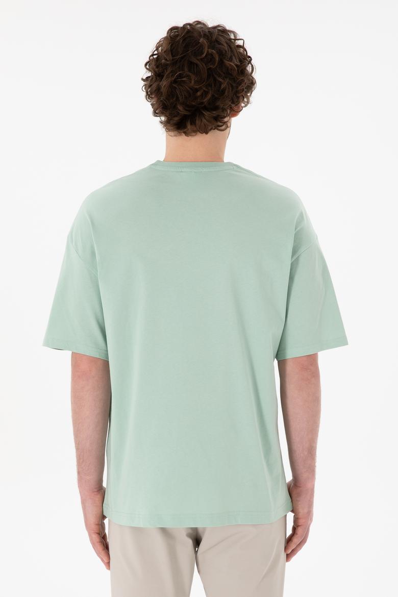 Erkek Oversize Fit Bisiklet Yaka Su Yeşili Tişört - 50305923077