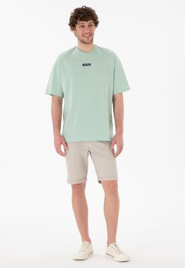 Erkek Oversize Fit Bisiklet Yaka Su Yeşili Tişört - 50305923077