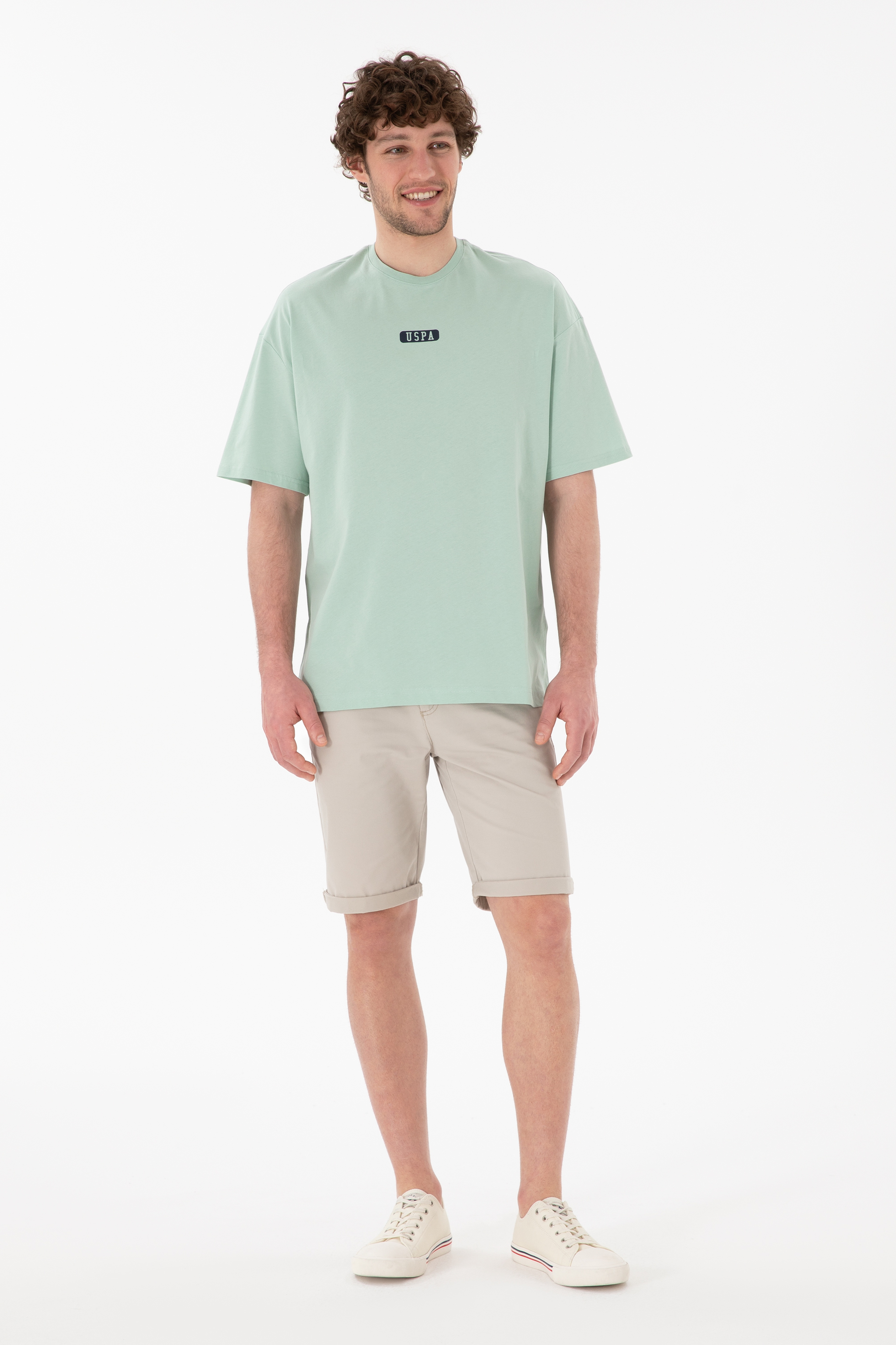 Erkek Oversize Fit Bisiklet Yaka Su Yeşili Tişört - Image 5