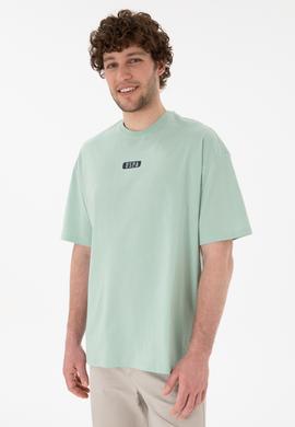 Erkek Oversize Fit Bisiklet Yaka Su Yeşili Tişört - 50305923077