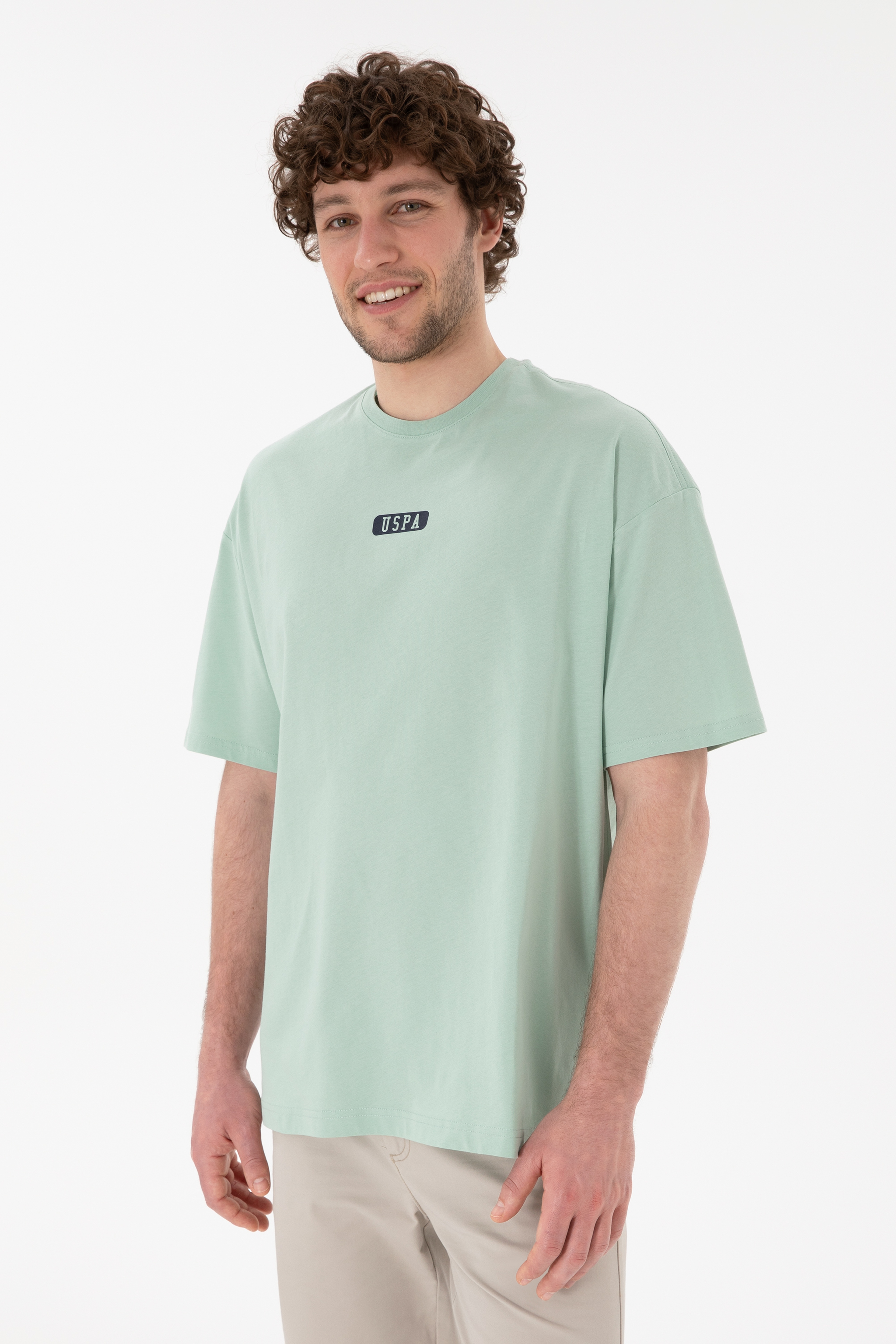 Erkek Oversize Fit Bisiklet Yaka Su Yeşili Tişört - Image 2