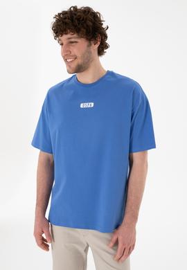 Erkek Oversize Fit Bisiklet Yaka İndigo Tişört - 50305923097