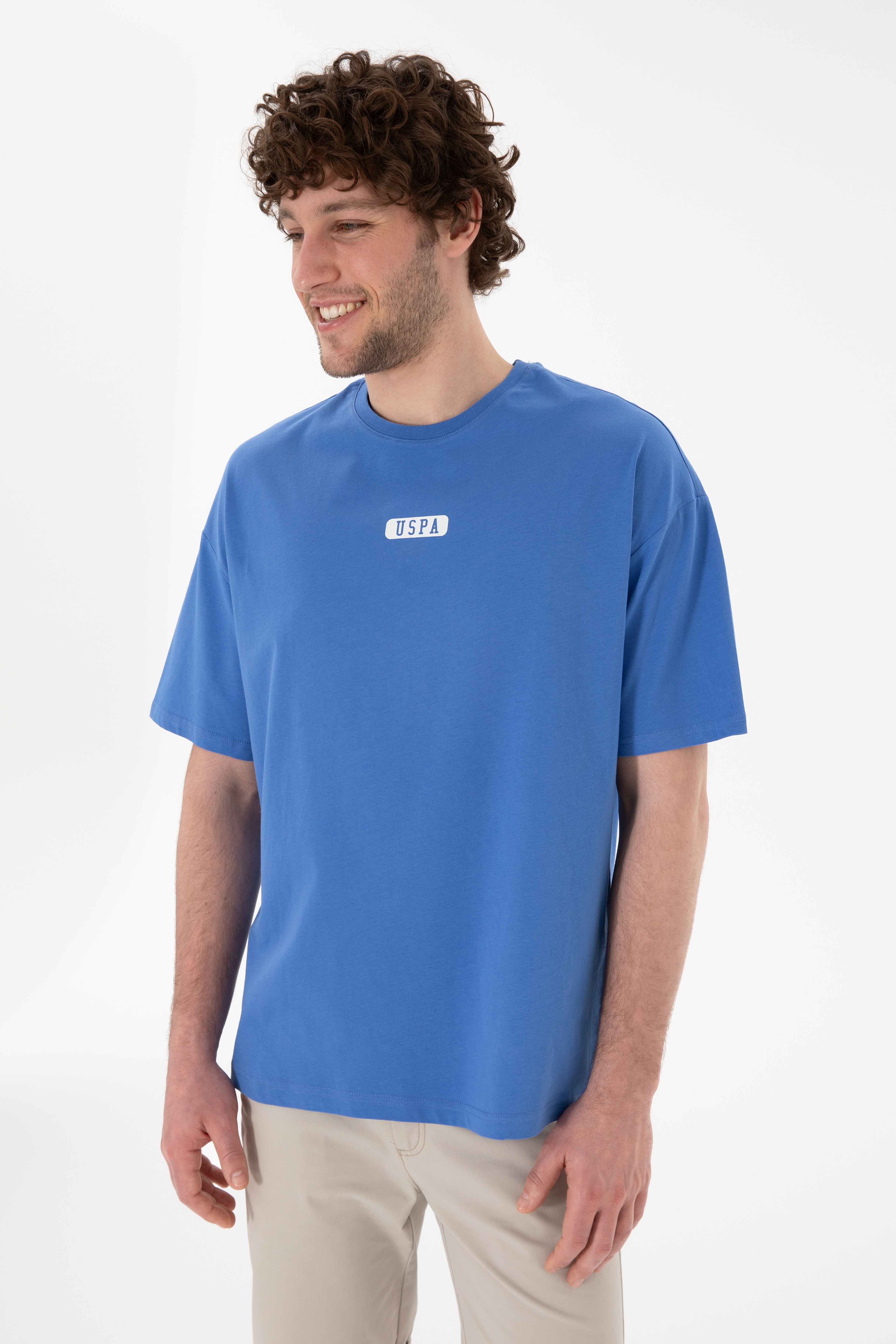 Erkek Oversize Fit Bisiklet Yaka İndigo Tişört - Image 4