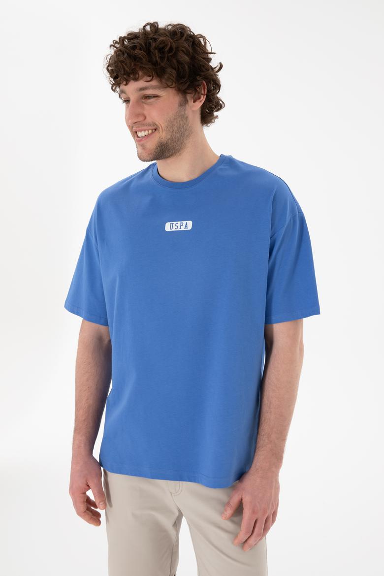 Erkek Oversize Fit Bisiklet Yaka İndigo Tişört - 50305923097