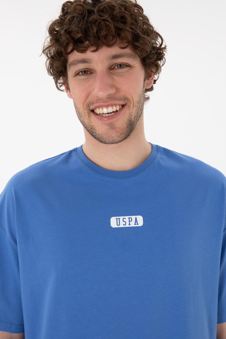 Erkek Oversize Fit Bisiklet Yaka İndigo Tişört - 50305923097