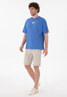 Erkek Oversize Fit Bisiklet Yaka İndigo Tişört - 50305923097