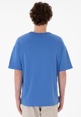 Erkek Oversize Fit Bisiklet Yaka İndigo Tişört - 50305923097