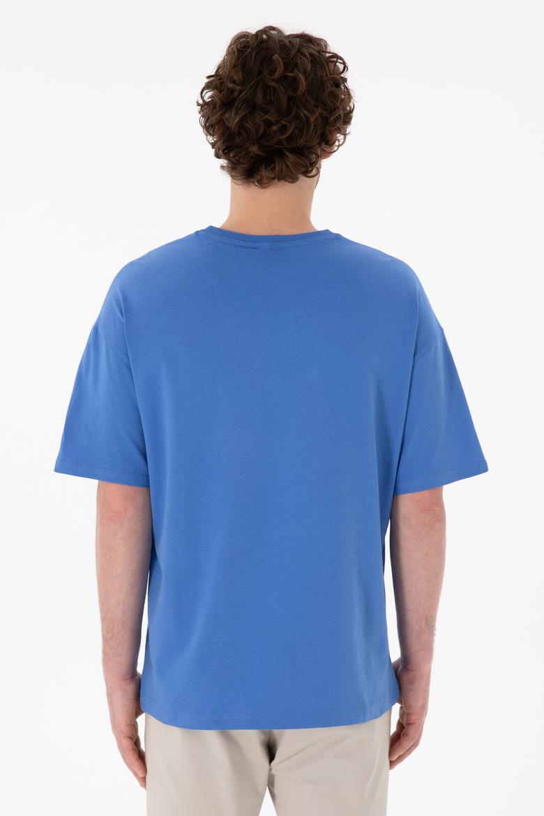 Erkek Oversize Fit Bisiklet Yaka İndigo Tişört - 50305923097