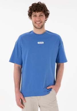 Erkek Oversize Fit Bisiklet Yaka İndigo Tişört - 50305923097