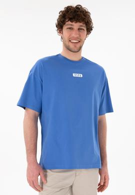 Erkek Oversize Fit Bisiklet Yaka İndigo Tişört - 50305923097