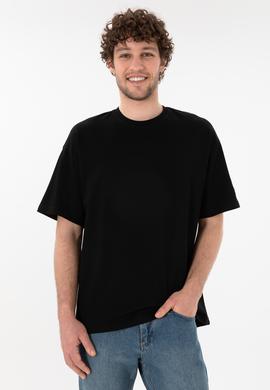 Erkek Oversize Fit Bisiklet Yaka Siyah Tişört - 50305859037