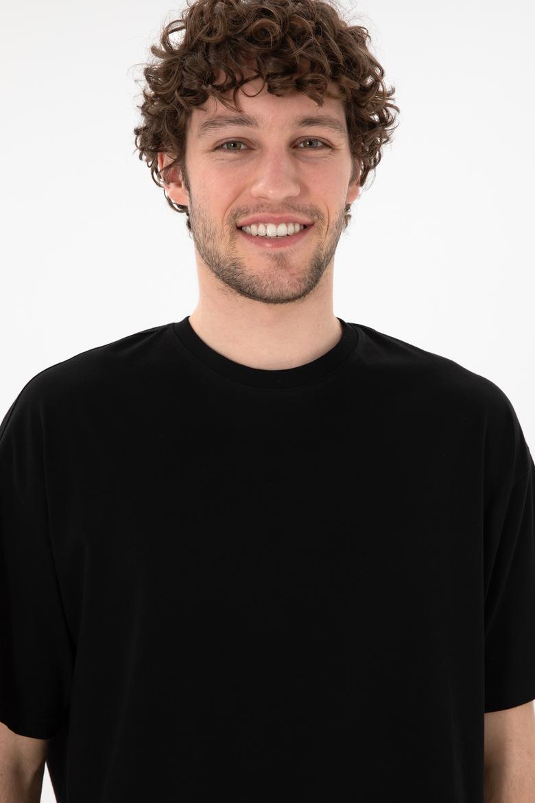 Erkek Oversize Fit Bisiklet Yaka Siyah Tişört - 50305859037